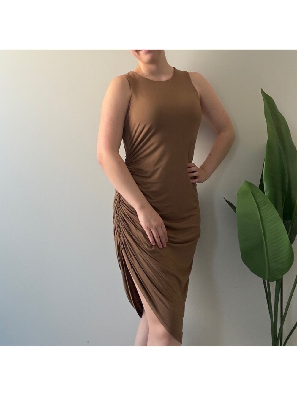 Lovers + Friends Revolved Tan Midi Dress cinched ruched asymmetric sleeveless L